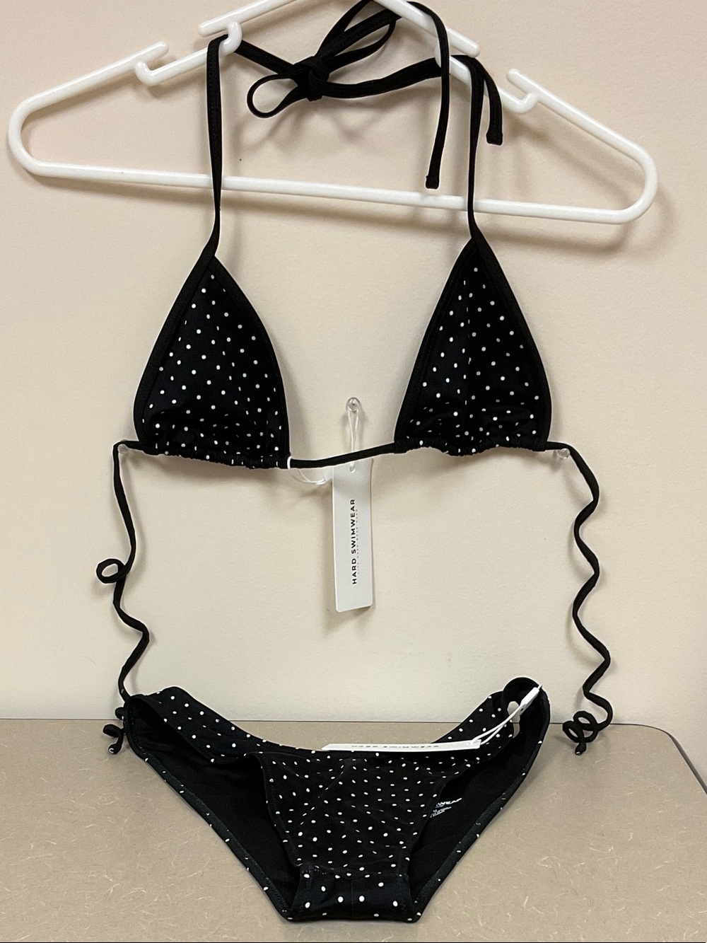 Black Polka Dot Triangle Bikini Set - Women's Swim Top-Small Bottoms-Medium. NWT